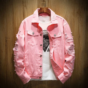 Jaqueta Jeans Destroyed Colors Rasgada Rosa / P 989
