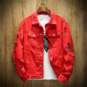 Jaqueta Jeans Destroyed Colors Rasgada Vermelho / P 989